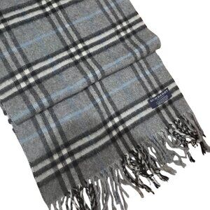 NEW Burberry Cashmere Scarf! Gray Black White Light Blue Tartan Plaid Made in UK